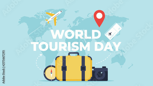 World tourism day vector illustration featuring yellow luggage airplane ticket icon and blue map outline background