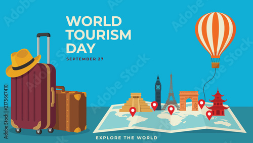 Colorful world tourism day vector illustration featuring travel luggage landmarks hot air balloon and paper map