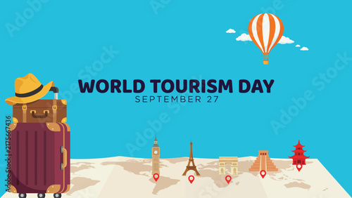 Colorful vector illustration featuring travel suitcase with hat and iconic world landmarks for world tourism day
