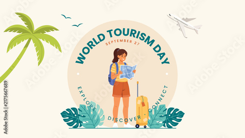 Vibrant vector illustration depicting young female traveler holding map for annual world tourism day holiday celebration