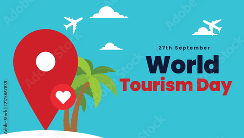World tourism day vector illustration featuring red location pin and tropical palm tree graphic design elements