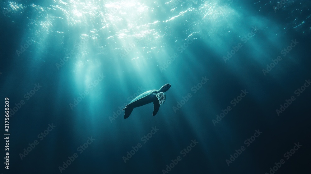 Obraz premium Dolphin swimming underwater with sunlight.