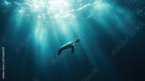 Dolphin swimming underwater with sunlight.