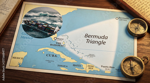 Bermuda triangle map with vintage compass and cargo ship