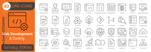 Canvastavla Web development and coding line icon set with programming, source code, html, css, javascript, api, database, backend, debugging, testing