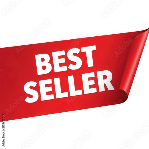 Best seller label on a red ribbon isolated on transparent background