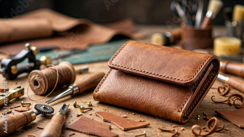 An elegant handmade brown leather wallet sits on a rustic wooden workbench surrounded by traditional crafting tools, leather scraps, and sewing thread spools.
