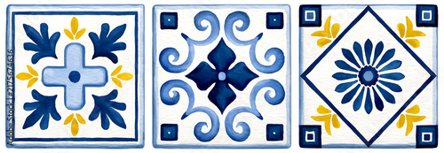 Watercolor decorative Mediterranean tiles elements set. Ornamental design for wrapping paper, textiles, postcards, stationery, borders.