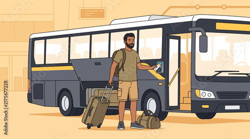Man with luggage boarding bus, travel and transportation concept