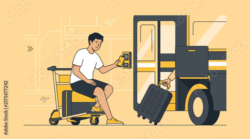 Man with luggage boarding bus, airport transfer concept, isolated