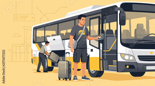Man with luggage boarding bus, travel concept, isolated