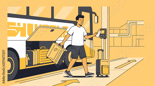Man with luggage boarding bus, travel concept, transportation illustration