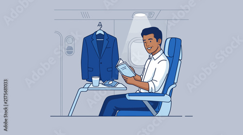 Man Reading in Airplane Seat, Business Class, Isolated Subject