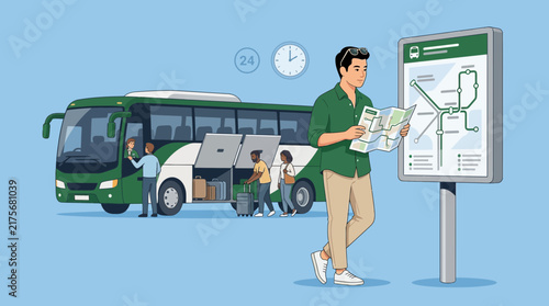 Man Reading Bus Route Map at Station with Coach and Travelers