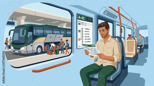 Man reading map on bus, luggage loading at station, travel concept