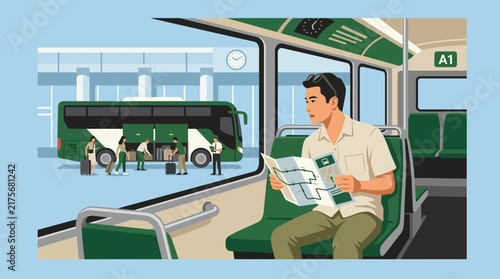 Man Reading Map on Bus, Traveling to Destination