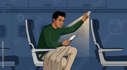 Man reading on airplane with overhead light on