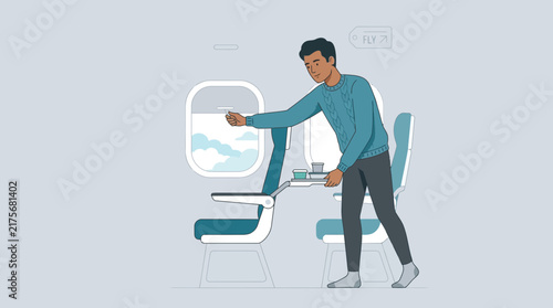 Man receives airline meal on airplane, looking out window
