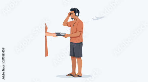 Man receives coffee on airplane, listening to music