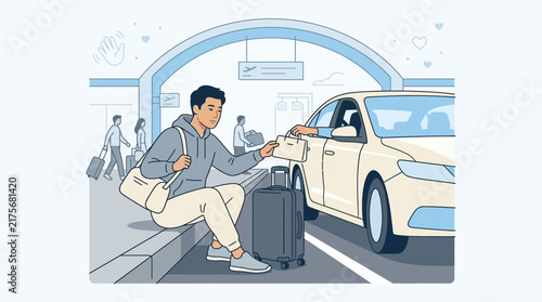 Man receives luggage from car at airport curb, travel concept, isolated