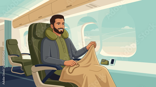 Man relaxing on airplane with blanket and neck pillow, travel concept
