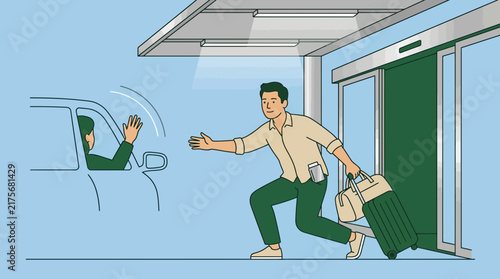 Man rushes to greet arriving car with luggage, travel concept