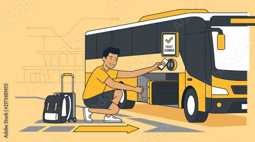 Man scanning bus ticket, travel, transport, luggage, boarding concept