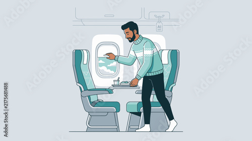 Man serving meal on airplane, travel lifestyle, passenger in seat