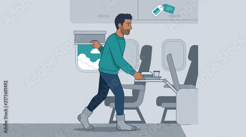 Man serving food on airplane, travel concept, isolated illustration