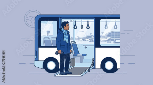 Man stepping onto airport shuttle bus ramp, transparent background