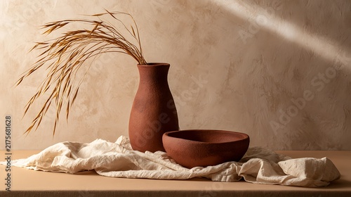 Elegant Still Life with Clay Vase and Dried Grass