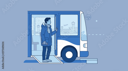 Man stepping onto airport shuttle bus with luggage, illustration