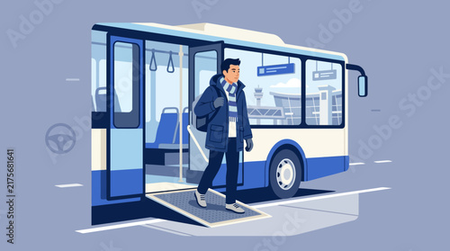 Man stepping off bus at airport terminal, winter travel, transportation concept