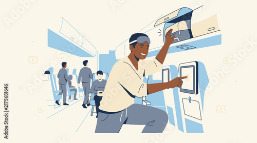 Man storing luggage in overhead bin on airplane, interacting with touchscreen