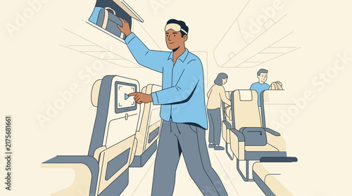 Man stowing luggage in airplane overhead bin, travel concept