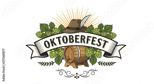 Oktoberfest illustration: barrel, hops, feather hat, sunburst, ribbon banner