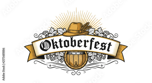 Oktoberfest Logo with Hat, Barrel, Hops and Vines | Vintage Bavarian Celebration