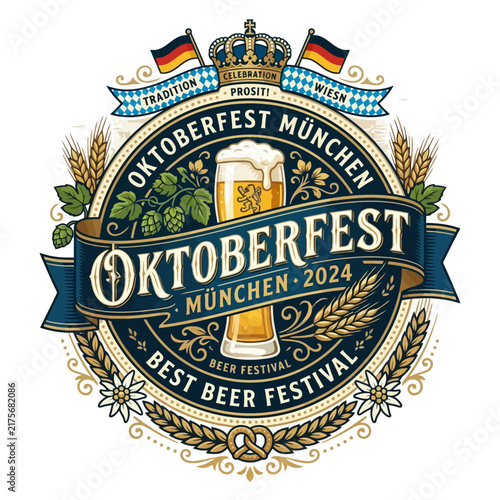 Oktoberfest M?nchen 2024 Beer Festival Emblem with Beer Glass, Hops, Wheat