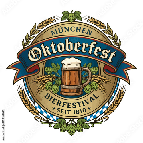 Oktoberfest Munich Beer Festival Emblem with Beer Mug, Hops, and Wheat