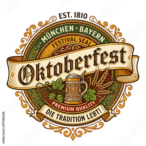 Oktoberfest Munich Bayern Seal with Beer Mug, Hops, Wheat, Est. 1810