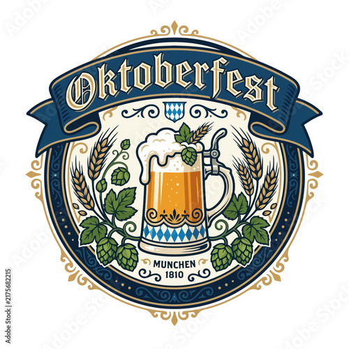 Oktoberfest Logo with Beer Mug, Hops, Wheat, and Bavarian Diamond Pattern