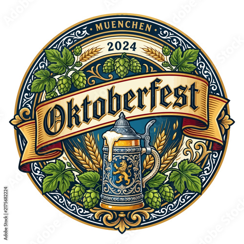 Oktoberfest M?nchen 2024 Beer Stein Emblem with Hops and Wheat