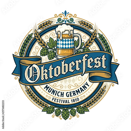 Oktoberfest Logo: Beer Mug, Hops, Wheat, Munich Germany 1810 Festival Emblem