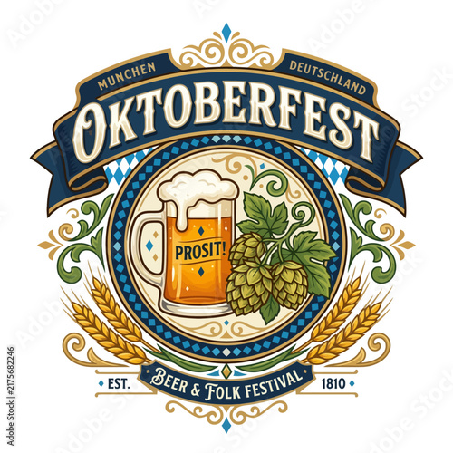 Oktoberfest logo with beer mug, hops, wheat, and 