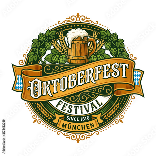 Oktoberfest Munich Emblem with Beer Mug, Hops, and Wheat
