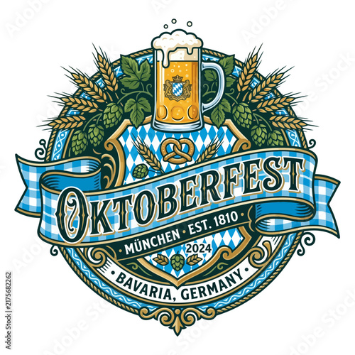 Oktoberfest Munich 2024 Bavarian Beer Festival Emblem with Hops and Wheat