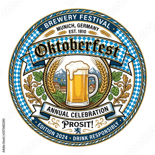 Oktoberfest Munich Beer Festival Badge - Wheat, Hops, Mountains & Beer Mug