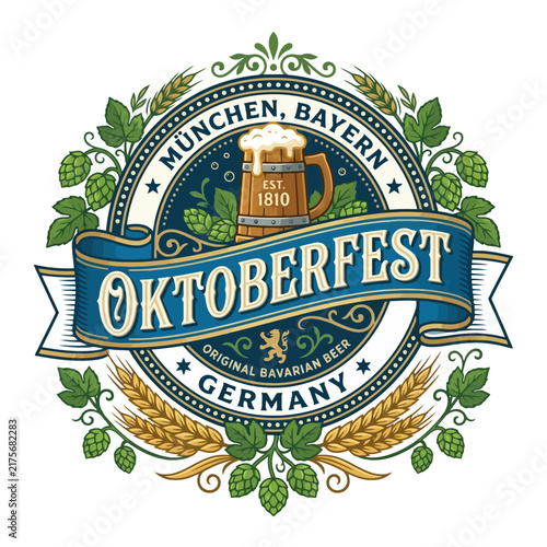 Oktoberfest Munich Bavaria Germany Beer Festival Emblem with Hops and Wheat
