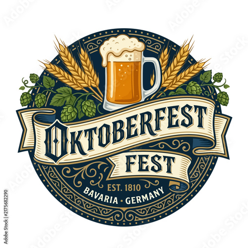Oktoberfest Logo with Beer, Hops, Wheat, and Ribbon - Bavaria Germany