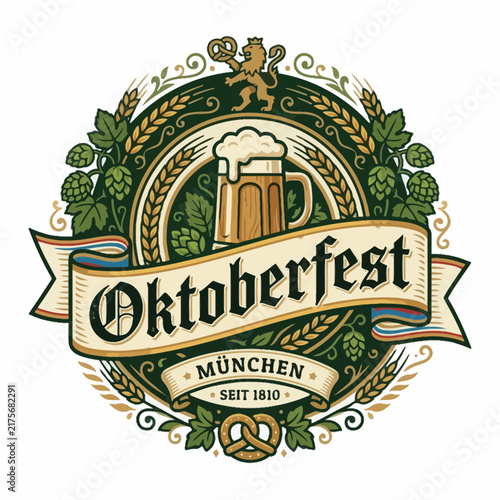Oktoberfest Logo with Beer Mug, Hops, Barley, Lion and Pretzel - Munich Tradition